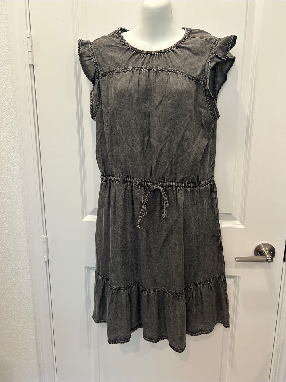 Time and Tru Washed Black Ruffle Sleeve Drawstring Waist Dress